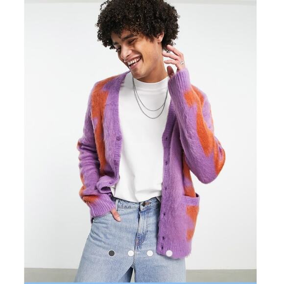 Obey | Men's Dexter Shaggy Knit Cardigan Sweater Purple Orange Grunge Size XL - Picture 1 of 9